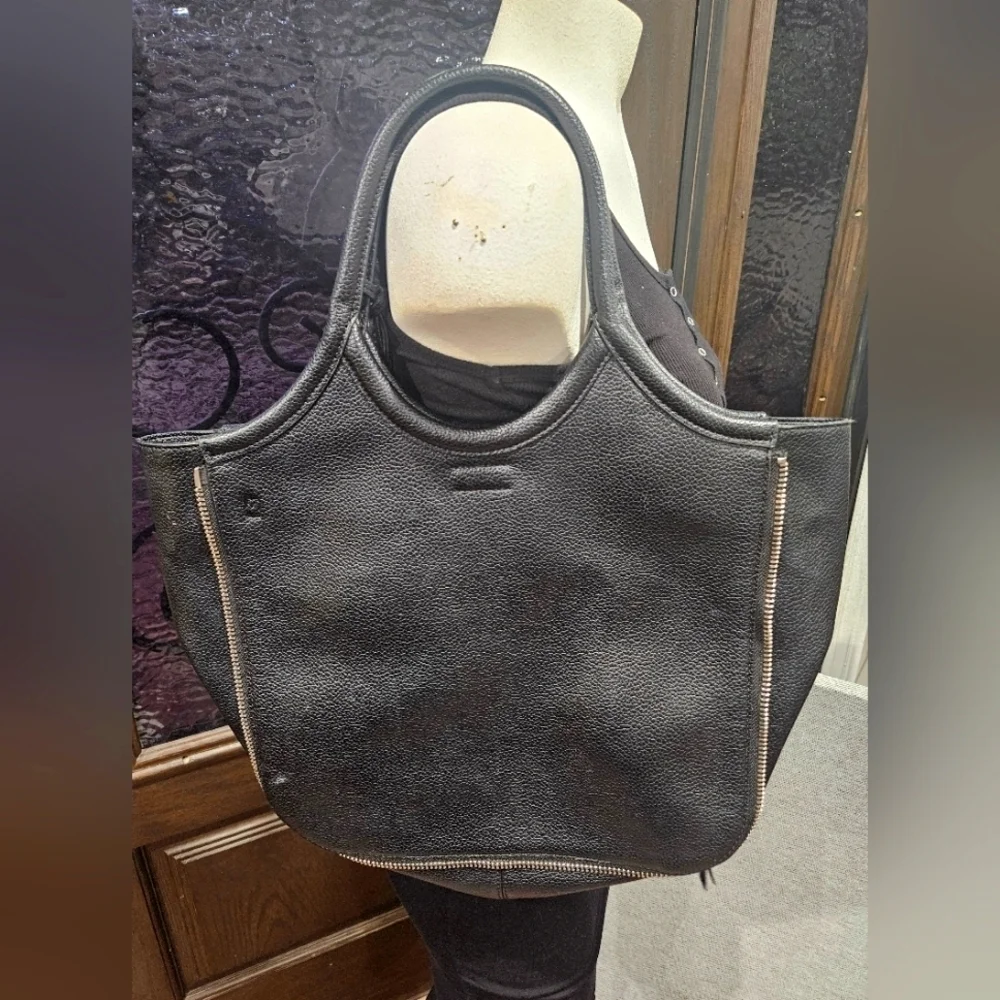 Calvin Klein Gabrianna Novelty Slim Side Zip Tote/ Book Bag Black Vegan Leather